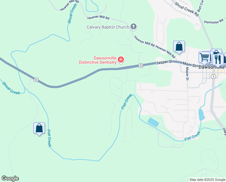 map of restaurants, bars, coffee shops, grocery stores, and more near 255 Gunier Circle in Dawsonville