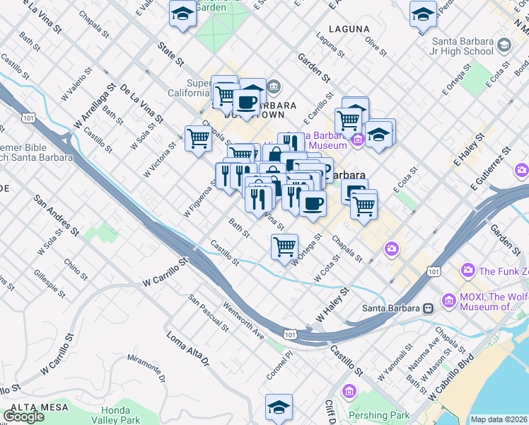 map of restaurants, bars, coffee shops, grocery stores, and more near De La Vina Street & West Canon Perdido Street in Santa Barbara