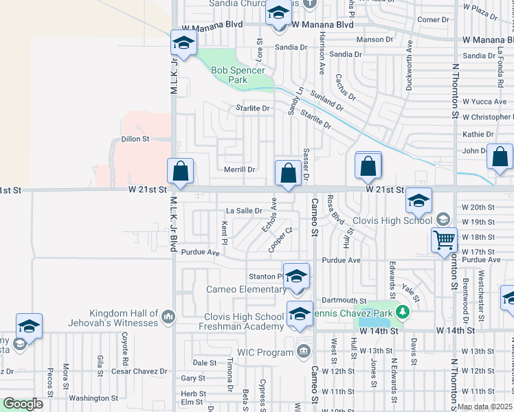 map of restaurants, bars, coffee shops, grocery stores, and more near 312 La Salle Drive in Clovis