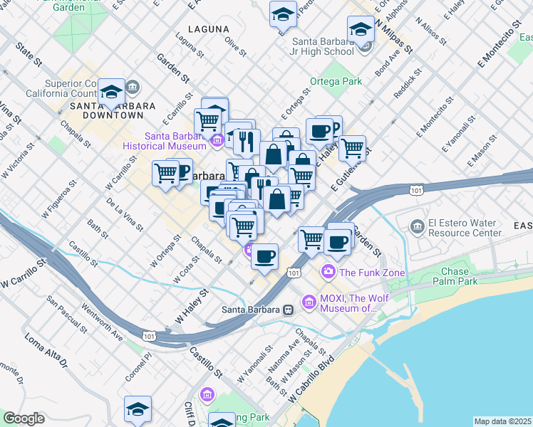map of restaurants, bars, coffee shops, grocery stores, and more near 110 East Cota Street in Santa Barbara