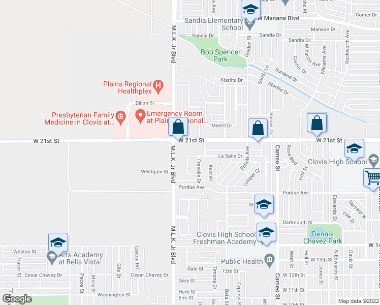 map of restaurants, bars, coffee shops, grocery stores, and more near 520 La Salle Drive in Clovis