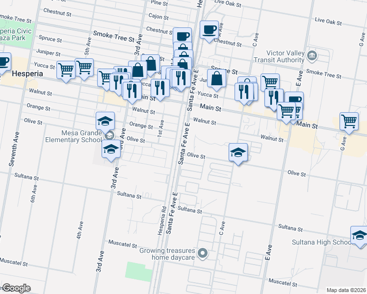 map of restaurants, bars, coffee shops, grocery stores, and more near Santa Fe Avenue East in Hesperia