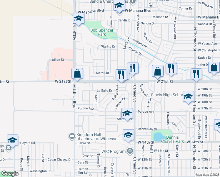 map of restaurants, bars, coffee shops, grocery stores, and more near 1833 West 21st Street in Clovis