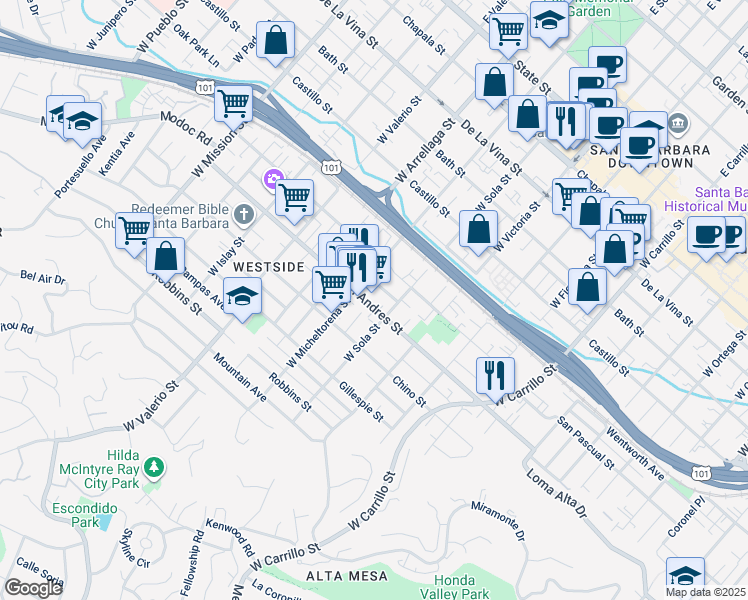 map of restaurants, bars, coffee shops, grocery stores, and more near 1422 Almond Avenue in Santa Barbara