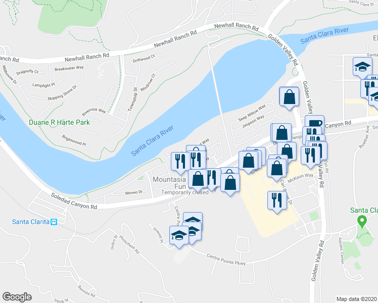 map of restaurants, bars, coffee shops, grocery stores, and more near 21433 Tumbleweed Way in Santa Clarita