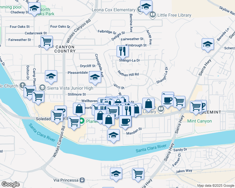 map of restaurants, bars, coffee shops, grocery stores, and more near 18834 Wellhaven Street in Santa Clarita