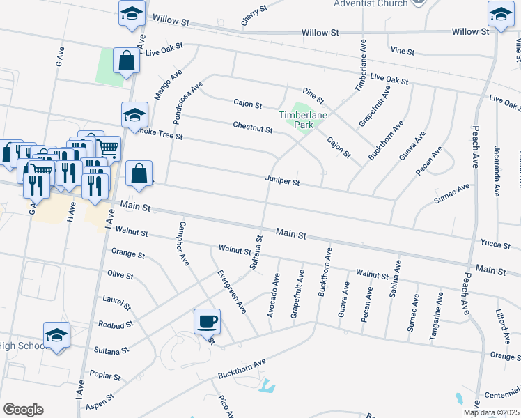 map of restaurants, bars, coffee shops, grocery stores, and more near 9246 Timberlane Avenue in Hesperia