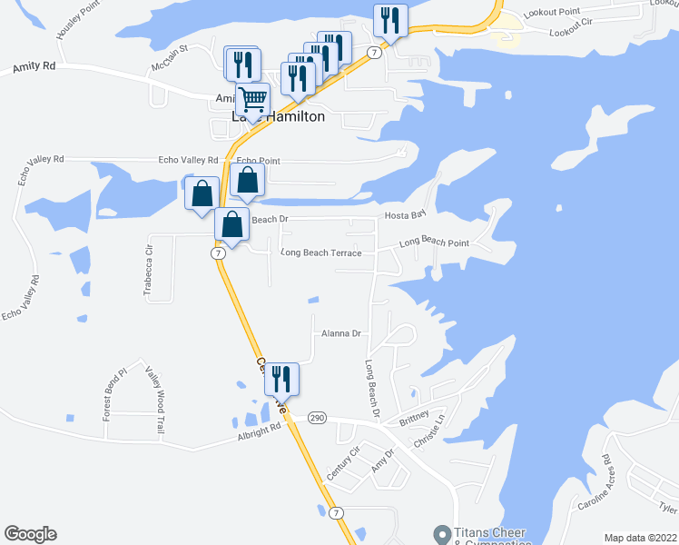 map of restaurants, bars, coffee shops, grocery stores, and more near 127 Wintergreen Court in Lake Hamilton