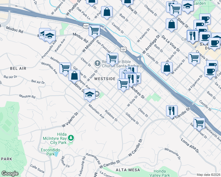 map of restaurants, bars, coffee shops, grocery stores, and more near 810 West Arrellaga Street in Santa Barbara