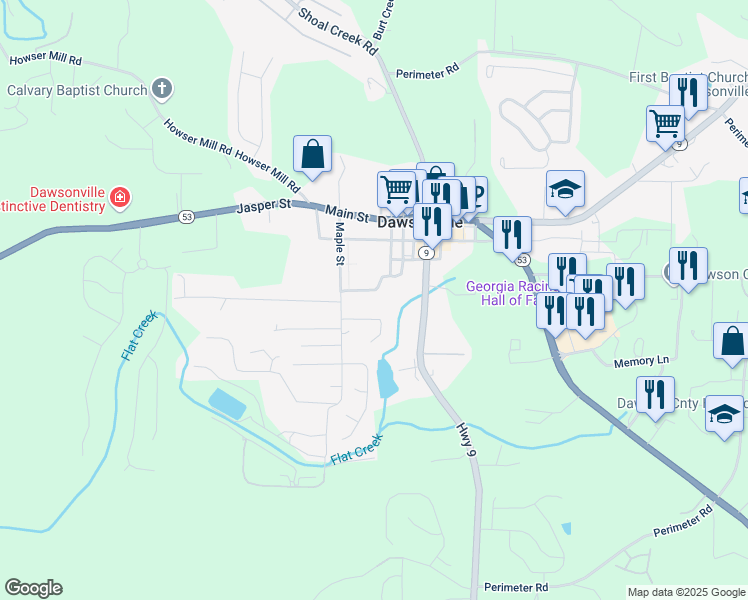 map of restaurants, bars, coffee shops, grocery stores, and more near 80 Mills Ford Road in Dawsonville