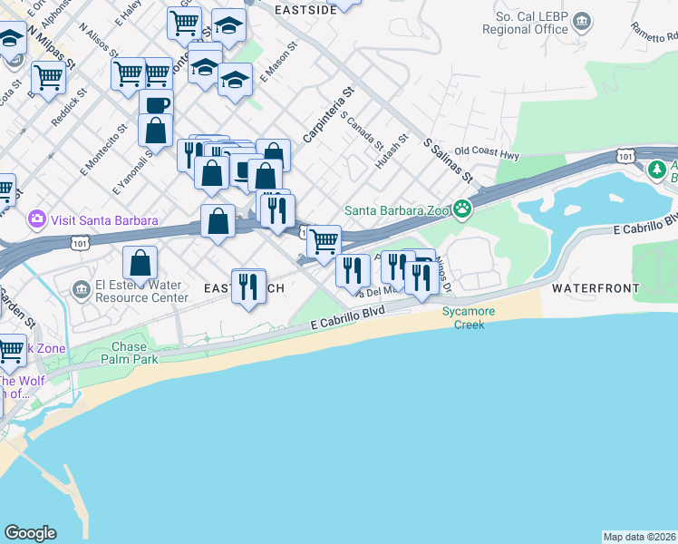 map of restaurants, bars, coffee shops, grocery stores, and more near 925 Calle Puerto Vallarta in Santa Barbara