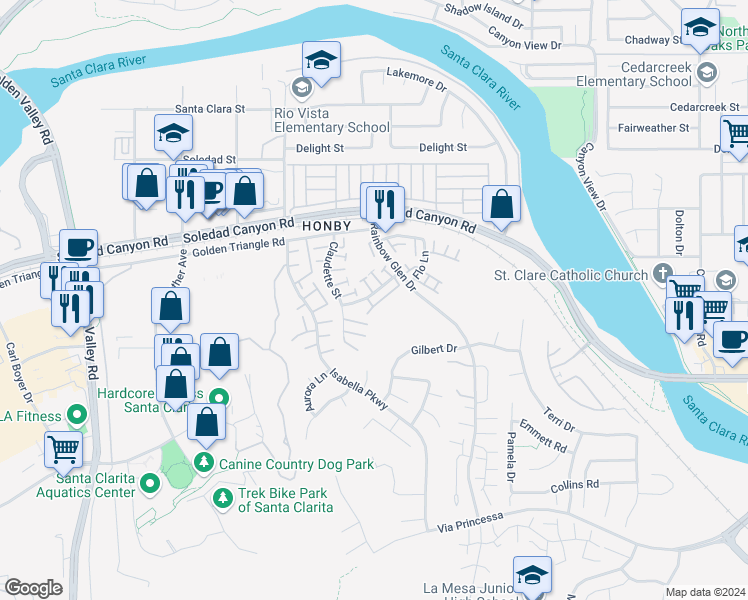 map of restaurants, bars, coffee shops, grocery stores, and more near 20342 Rue Crevier in Santa Clarita