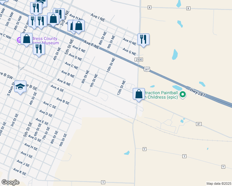 map of restaurants, bars, coffee shops, grocery stores, and more near 201-299 12th Street Northeast in Childress