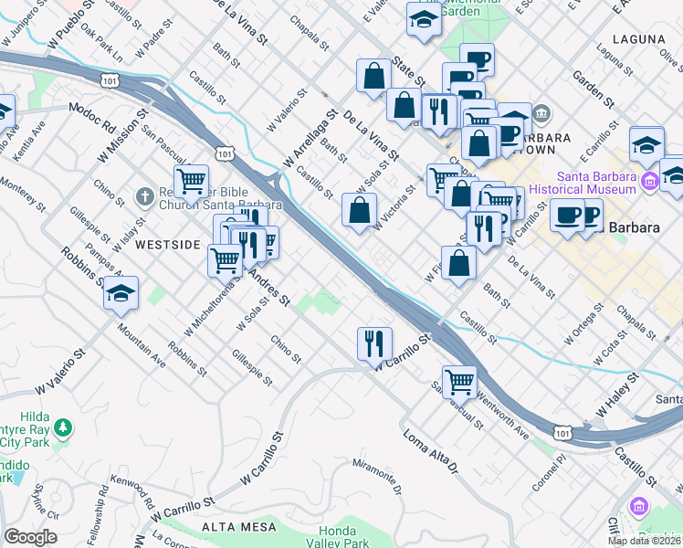 map of restaurants, bars, coffee shops, grocery stores, and more near 509 West Victoria Street in Santa Barbara