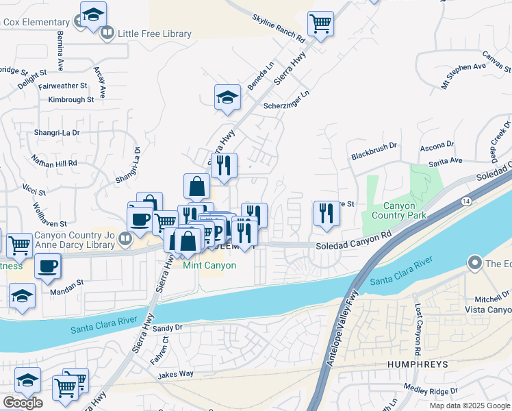 map of restaurants, bars, coffee shops, grocery stores, and more near 27940 Solamint Road in Santa Clarita