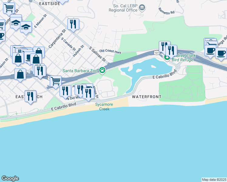 map of restaurants, bars, coffee shops, grocery stores, and more near 349 Por La Mar Circle in Santa Barbara