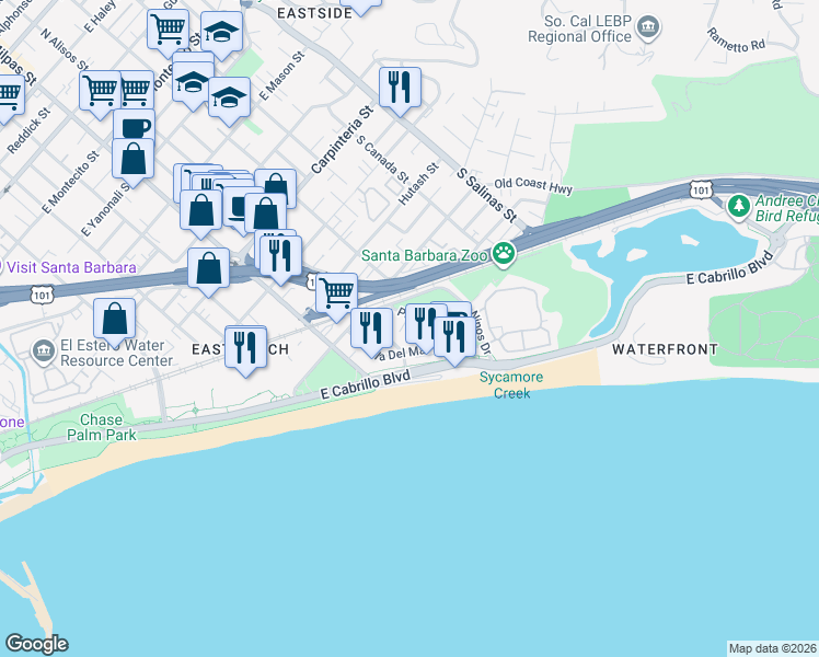 map of restaurants, bars, coffee shops, grocery stores, and more near 404 Por La Mar Drive in Santa Barbara