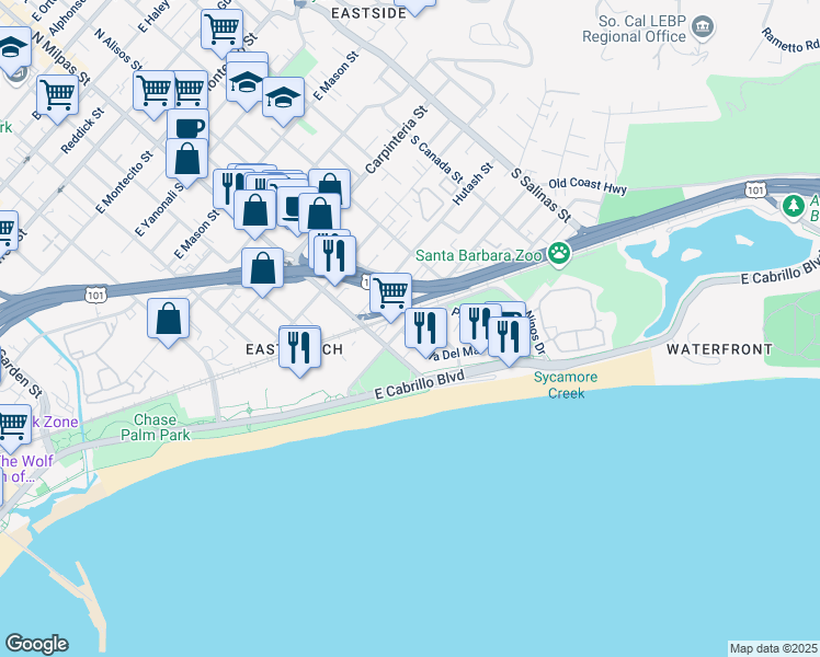 map of restaurants, bars, coffee shops, grocery stores, and more near 925 Calle Puerto Vallarta in Santa Barbara