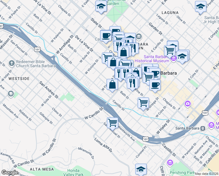 map of restaurants, bars, coffee shops, grocery stores, and more near 1020 Placido Ave in Santa Barbara