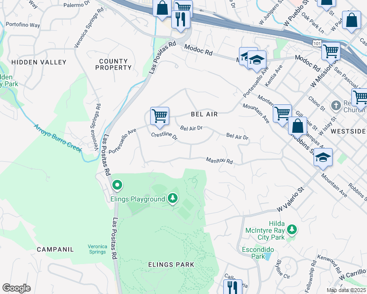 map of restaurants, bars, coffee shops, grocery stores, and more near 1475 Crestline Drive in Santa Barbara