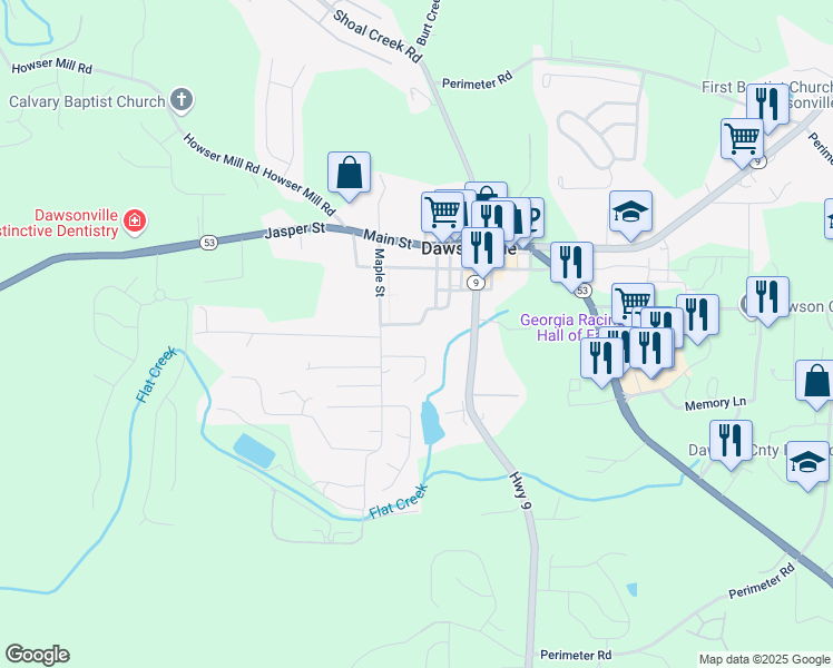 map of restaurants, bars, coffee shops, grocery stores, and more near 80 Mills Ford Road in Dawsonville