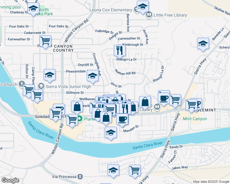 map of restaurants, bars, coffee shops, grocery stores, and more near 18834 Wellhaven Street in Santa Clarita
