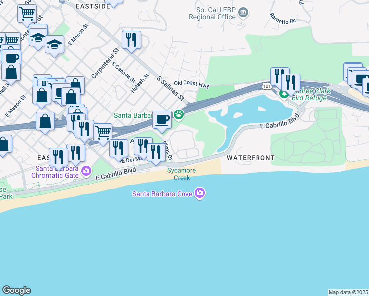 map of restaurants, bars, coffee shops, grocery stores, and more near 318 Por La Mar Circle in Santa Barbara