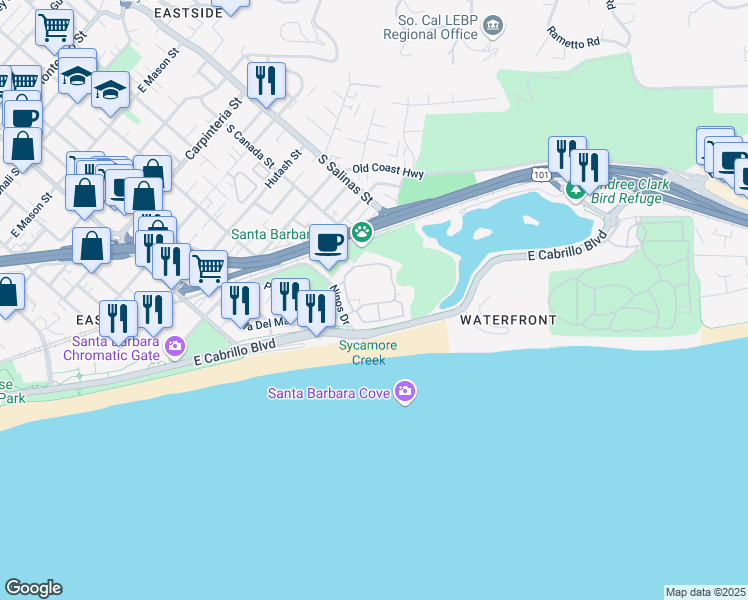 map of restaurants, bars, coffee shops, grocery stores, and more near 340 Por La Mar Circle in Santa Barbara