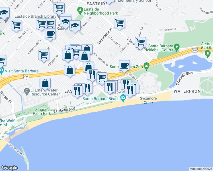 map of restaurants, bars, coffee shops, grocery stores, and more near 925 Calle Puerto Vallarta in Santa Barbara