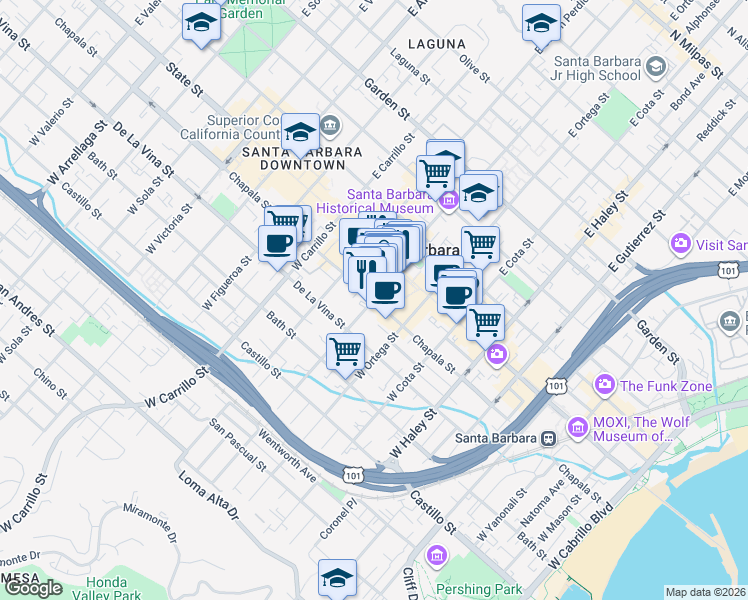 map of restaurants, bars, coffee shops, grocery stores, and more near Chapala Street & West De La Guerra Street in Santa Barbara