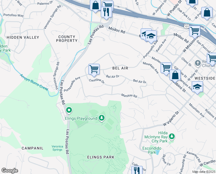 map of restaurants, bars, coffee shops, grocery stores, and more near 1475 Crestline Drive in Santa Barbara