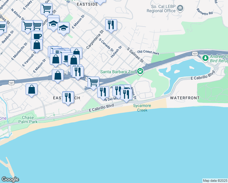map of restaurants, bars, coffee shops, grocery stores, and more near 404 Por La Mar Drive in Santa Barbara