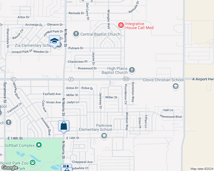 map of restaurants, bars, coffee shops, grocery stores, and more near 2028 Janeway Street in Clovis