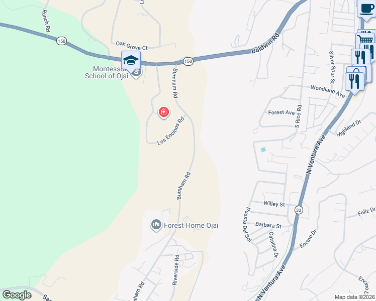 map of restaurants, bars, coffee shops, grocery stores, and more near 2409 Burnham Road in Ojai