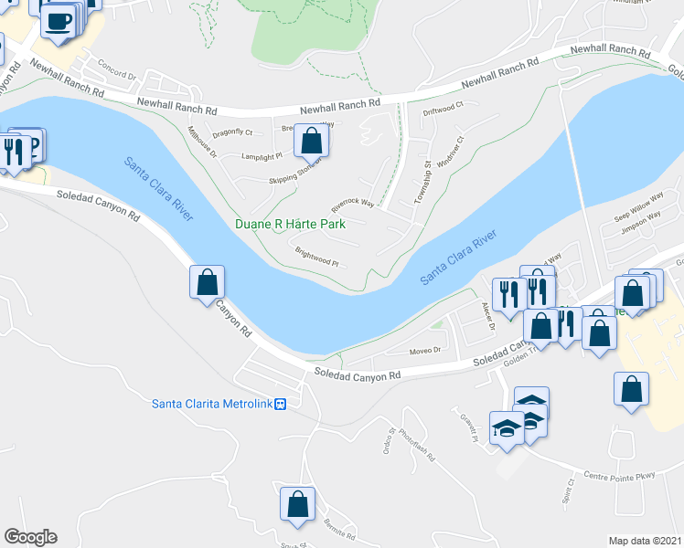 map of restaurants, bars, coffee shops, grocery stores, and more near 22494 Brightwood Place in Santa Clarita