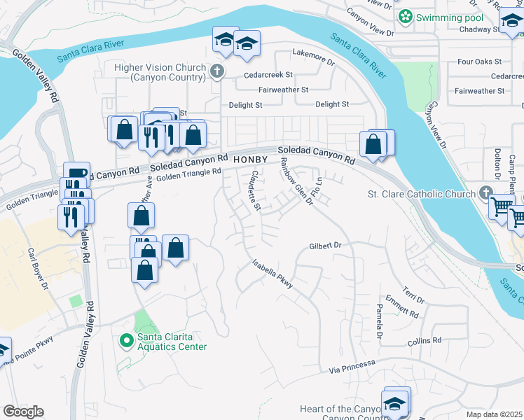 map of restaurants, bars, coffee shops, grocery stores, and more near 26806 Claudette Street in Santa Clarita