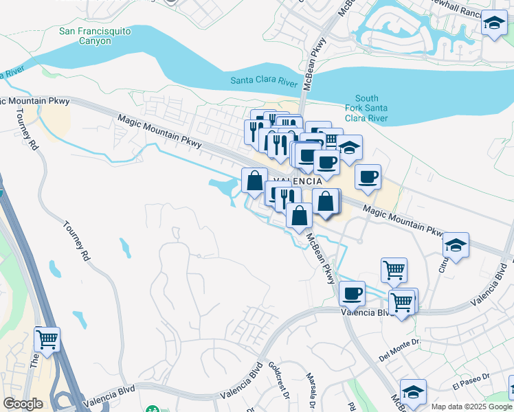 map of restaurants, bars, coffee shops, grocery stores, and more near 24640 Town Center Dr in Valencia