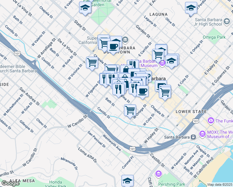 map of restaurants, bars, coffee shops, grocery stores, and more near 910 De La Vina Street in Santa Barbara