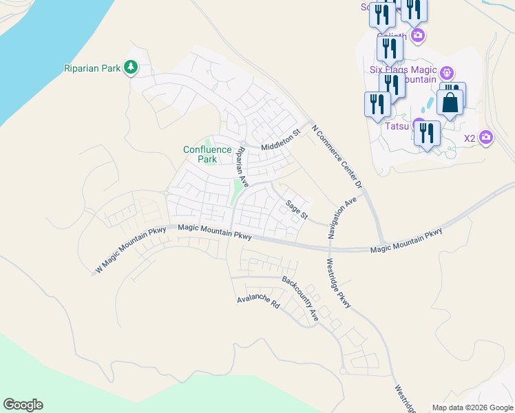 map of restaurants, bars, coffee shops, grocery stores, and more near 27030 Evening Sky Place in Los Angeles County