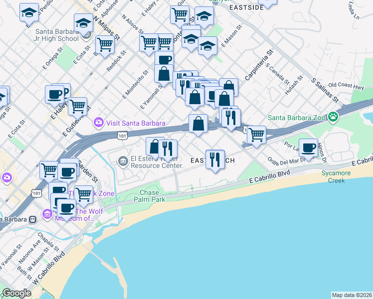 map of restaurants, bars, coffee shops, grocery stores, and more near 2 Carpinteria Street in Santa Barbara