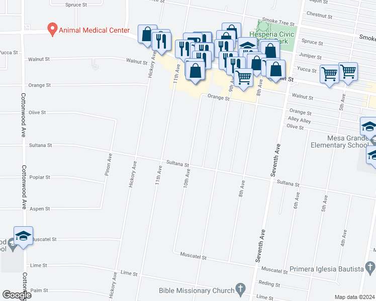 map of restaurants, bars, coffee shops, grocery stores, and more near 9224 10th Avenue in Hesperia