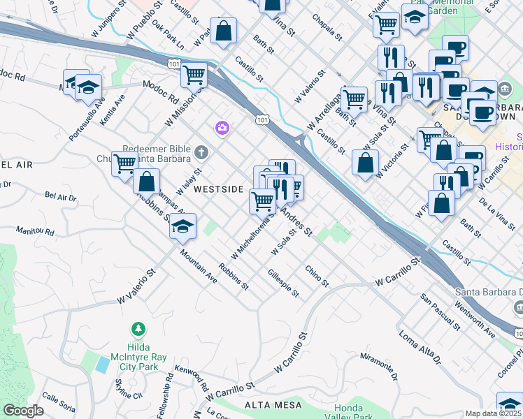 map of restaurants, bars, coffee shops, grocery stores, and more near 717 Cook Avenue in Santa Barbara