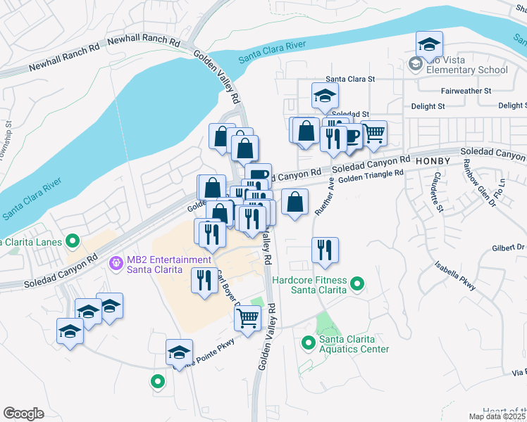 map of restaurants, bars, coffee shops, grocery stores, and more near 26901 Golden Valley Road in Santa Clarita