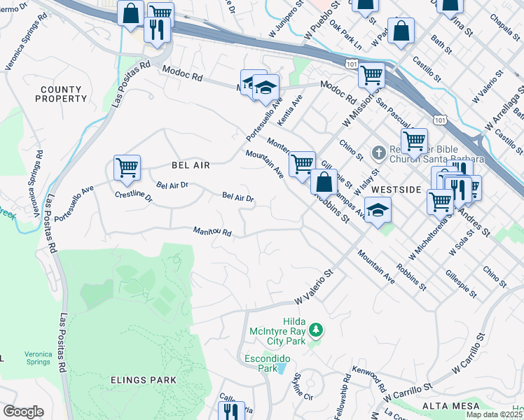 map of restaurants, bars, coffee shops, grocery stores, and more near 1122 Bel Air Drive in Santa Barbara