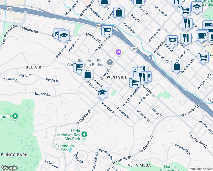 map of restaurants, bars, coffee shops, grocery stores, and more near 1715 Gillespie Street in Santa Barbara
