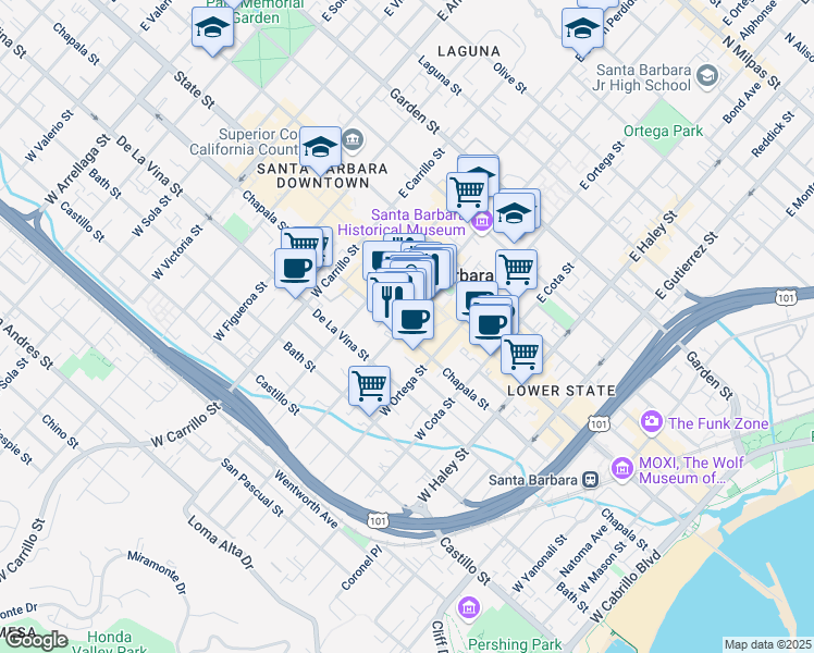 map of restaurants, bars, coffee shops, grocery stores, and more near 601 Paseo Nuevo in Santa Barbara