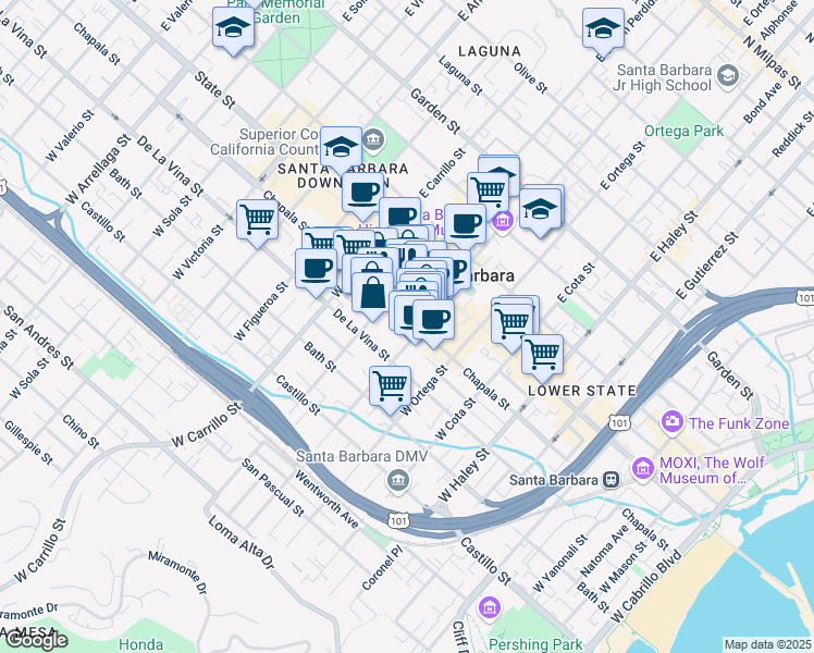 map of restaurants, bars, coffee shops, grocery stores, and more near 875 Chapala Street in Santa Barbara