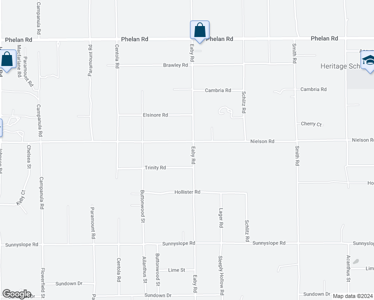 map of restaurants, bars, coffee shops, grocery stores, and more near 9268 Eaby Road in Phelan