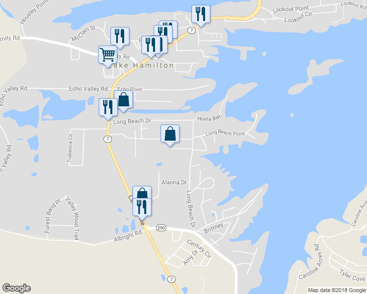 map of restaurants, bars, coffee shops, grocery stores, and more near 112 Wintergreen Court in Lake Hamilton