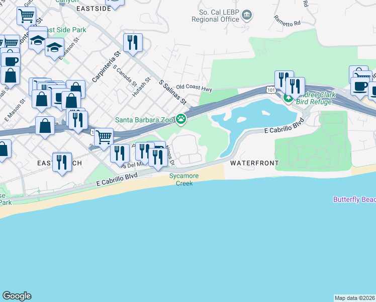 map of restaurants, bars, coffee shops, grocery stores, and more near 363 Por La Mar Circle in Santa Barbara